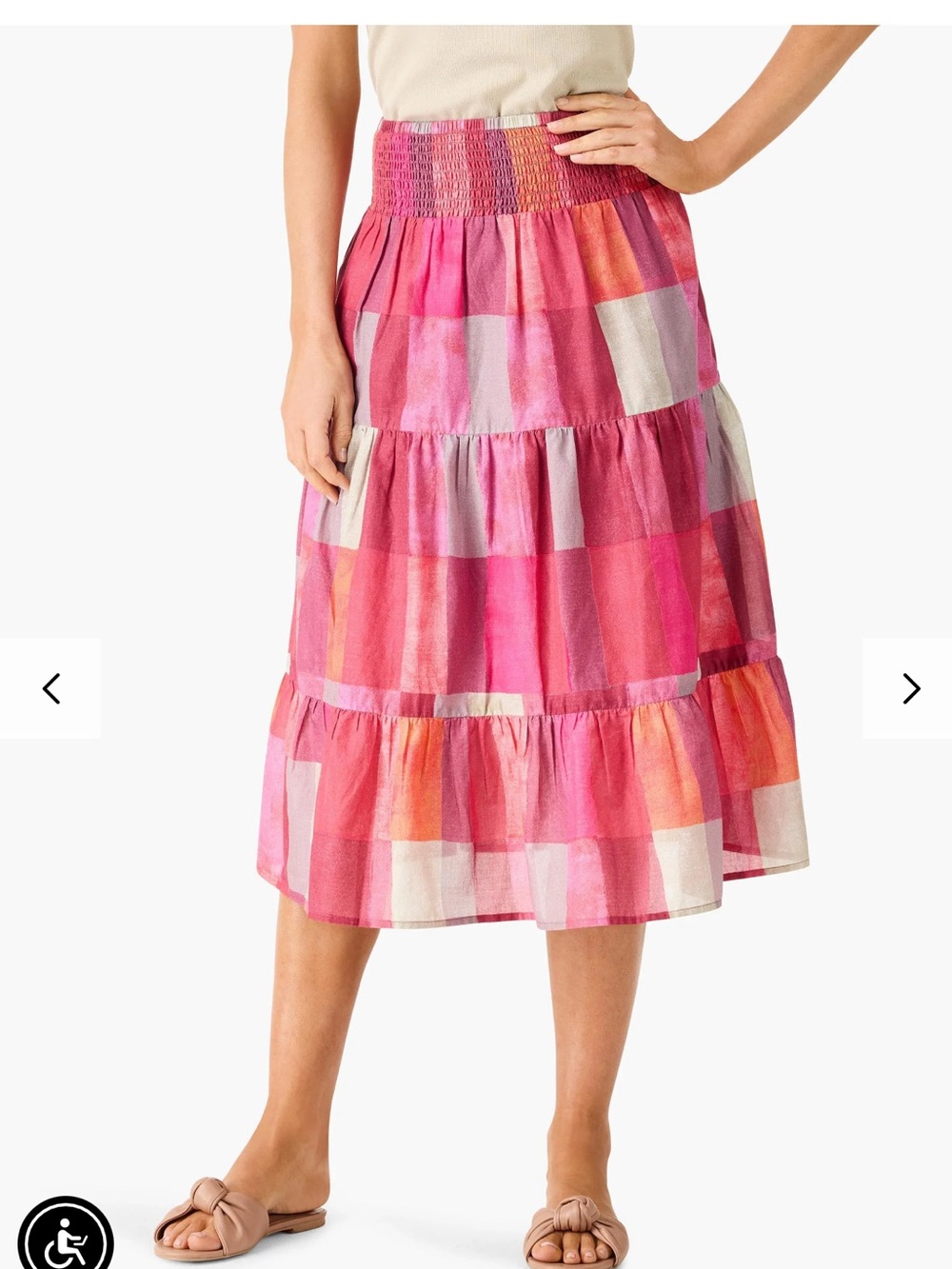 NIC+ZOE Pink Patchwork Tiered Midi Skirt with Smocked Waist